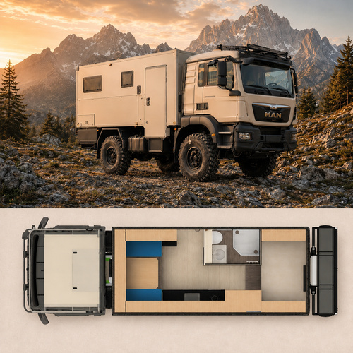 Camion d’expédition 4x4 poids lourd et plan de son aménagement intérieur