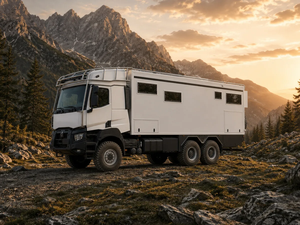 Camion d’expédition Renault 6x6 blanc dans un paysage montagneux