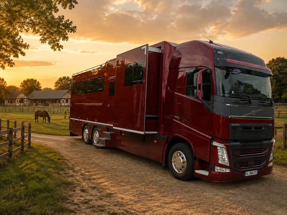 Camion chevaux Volvo 6x2 bordeaux dans un haras au coucher du soleil